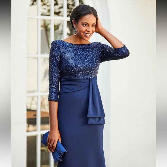 Eliza J 3/4 Sleeve Boat Neck Sequin Side Ruffle V-Back A-Line Gown - Picture 2 of 6